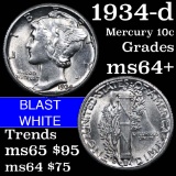 1934-d Mercury Dime 10c Grades Choice+ Unc