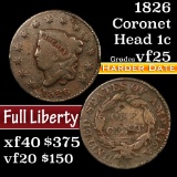 1826 Coronet Head Large Cent 1c Grades vf+