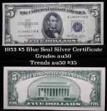 1953 $5 Blue Seal Silver certificate Grades AU, Almost Unc