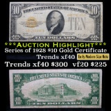 ***Auction Highlight*** 1928 $10 Gold certificate, signatures Woods/Mellon Grades vf++ (fc)
