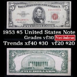 1953A $5 Red Seal United States Note Grades vf++