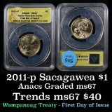 ANACS 2011-p Wampanoag Treaty Sacagawea Dollar $1 Graded ms67 by ANACS
