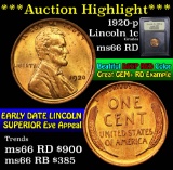 ***Auction Highlight*** 1920-p Lincoln Cent 1c Graded GEM+ Unc RD by USCG (fc)