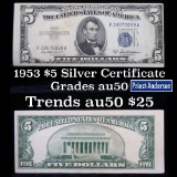 1953A $5 Blue Seal Silver certificate Grades AU, Almost Unc