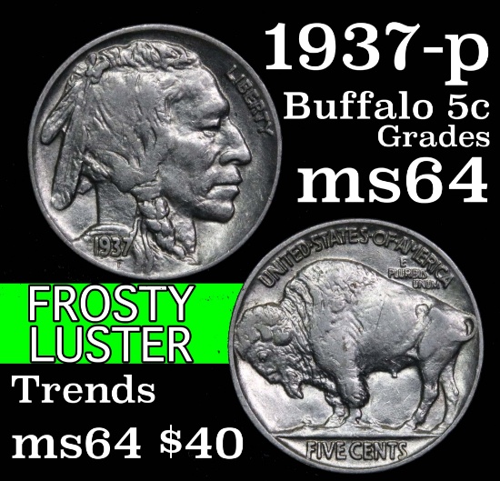 1937-p Buffalo Nickel 5c Grades Choice Unc
