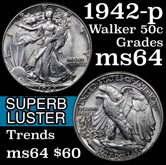 1942-p Walking Liberty Half Dollar 50c Grades Choice Unc