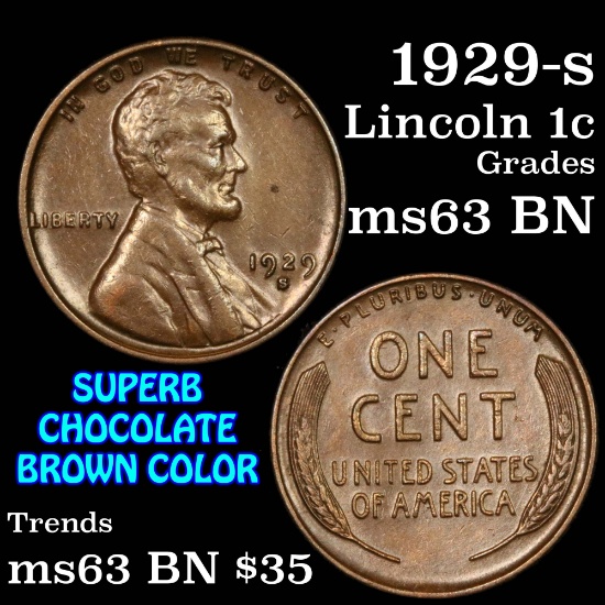 1929-s Lincoln Cent 1c Grades Select Unc BN