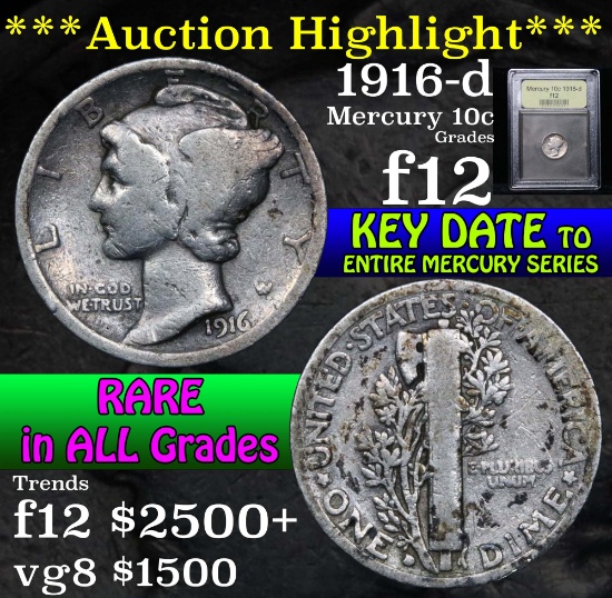 ***Auction Highlight*** 1916-d Mercury Dime 10c Graded f, fine by USCG (fc)