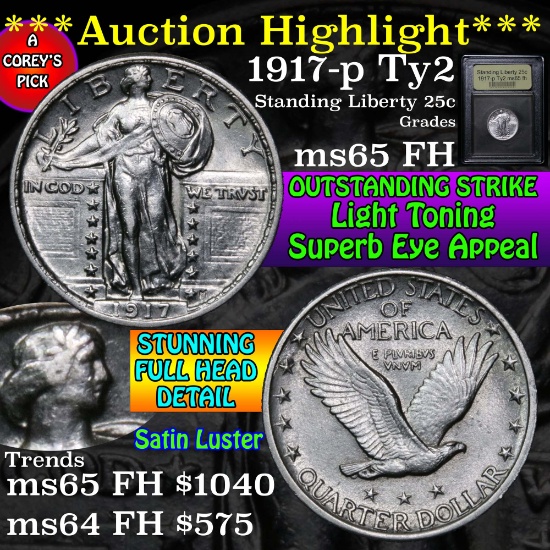 ***Auction Highlight*** 1917-p Ty2 Standing Liberty Quarter 25c Graded GEM FH by USCG (fc)