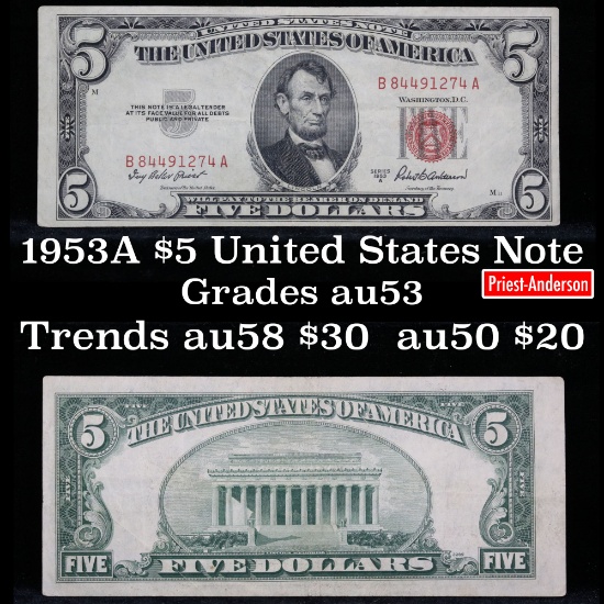 1953A $5 Red Seal United States Note Grades Select AU