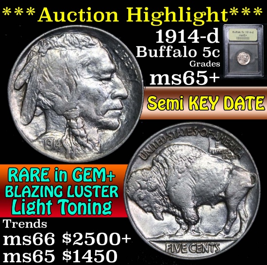 ***Auction Highlight*** 1914-d Buffalo Nickel 5c Graded GEM+ Unc by USCG (fc)