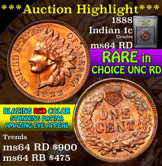 ***Auction Highlight*** 1888 Indian Cent 1c Graded Choice Unc RD by USCG (fc)