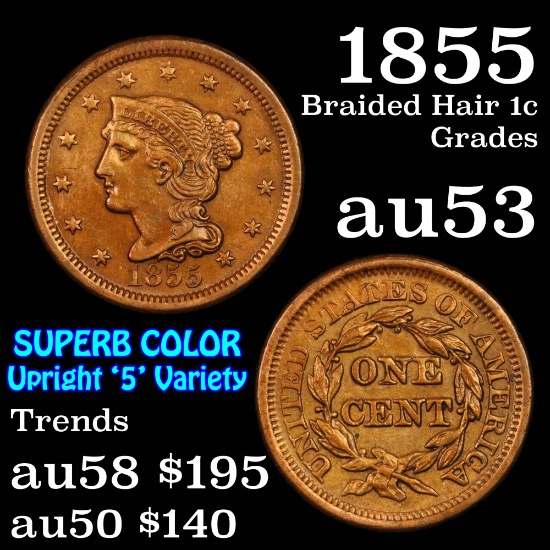 1855 Braided Hair Large Cent 1c Grades Select AU