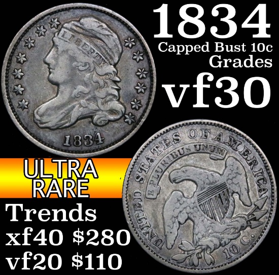 1834 Capped Bust Dime 10c Grades vf++