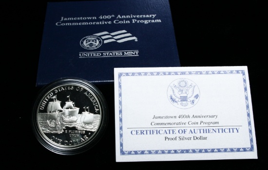 2007-p Jamestown Proof Commemorative Silver Dollar orig box w/coa