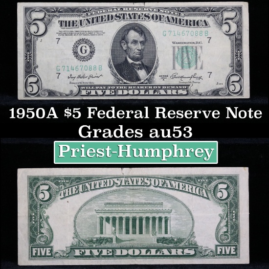 1950A $5 Chicago Federal Reserve Note, Sigs Priest/Humphrey Grades Select AU