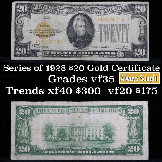 ***Auction Highlight*** 1928 $20 Gold Certificate, signatures Woods/Mellon Grades vf++ (fc)