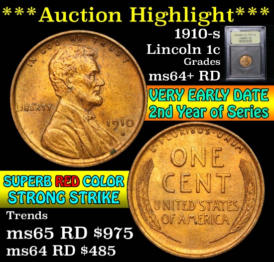 ***Auction Highlight*** 1910-s Lincoln Cent 1c Graded Choice+ Unc RD by USCG (fc)