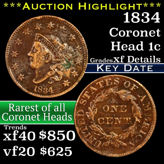 1834 Coronet Head Large Cent 1c Grades xf details