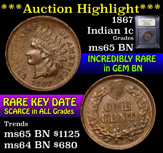 ***Auction Highlight*** 1867 Indian Cent 1c Graded GEM Unc BN by USCG (fc)
