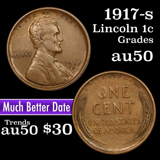 1917-s Lincoln Cent 1c Grades AU, Almost Unc
