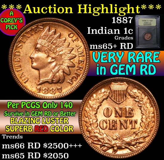 ***Auction Highlight*** 1887 Indian Cent 1c Graded Gem+ Unc RD by USCG (fc)