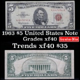 1963 $5 Red seal United States Note Grades xf