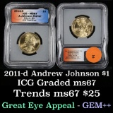 2011-d ANDREW JOHNSON Presidential Dollar $1 Graded ms67 By ICG