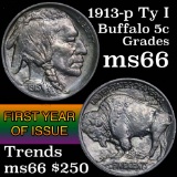 1913-p Ty I Buffalo Nickel 5c Grades GEM+ Unc