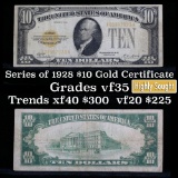 ***Auction Highlight*** 1928 $10 Gold certificate, signatures Woods/Mellon Grades vf++ (fc)