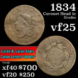 1834 Lg 8, Lg star, Lg letter Coronet Head Large Cent 1c Grades vf+