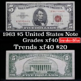 1963 $5 Red seal United States Note Grades xf