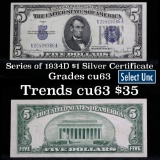 1934D $5 Blue Seal Silver Certificate Grades Select CU