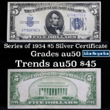 1934A $5 Blue Seal Silver Certificate Grades AU, Almost Unc