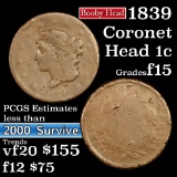 1839 Booby Head Coronet Head Large Cent 1c Grades f+