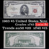 1963 $5 Red seal United States Note Grades xf+