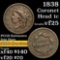 1838 Coronet Head Large Cent 1c Grades vf+