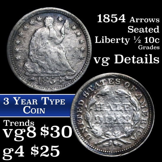 1854-p Seated Liberty Half Dime 1/2 10c Grades vg details