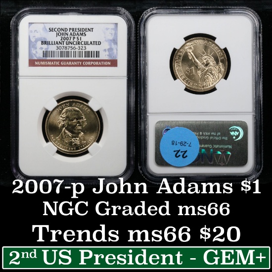 2007-p John Adams Presidential Dollar $1 Graded Brilliant Unc (BU) by NGC