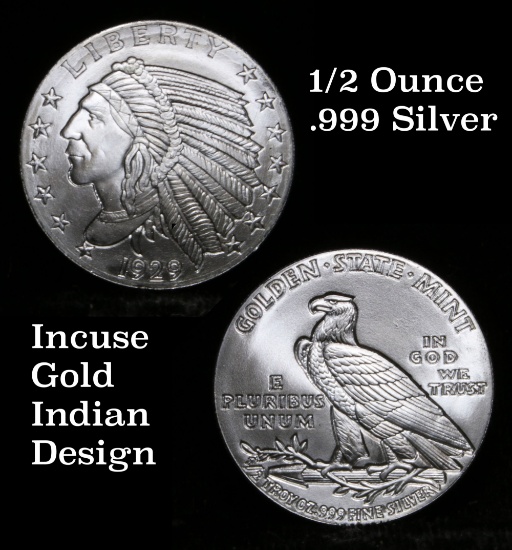 1/2 oz .999 Fine Silver Indian Round    Silver Round .999 Fine 1/2 oz.