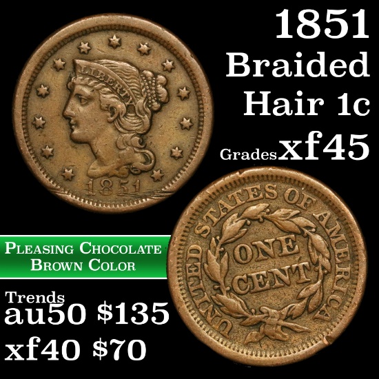 1851 Braided Hair Large Cent 1c Grades xf+