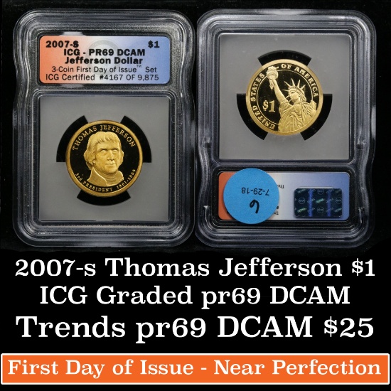 2007-s Jefferson Proof Presidential Dollar $1 Graded pr69 DCAM By ICG