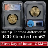 2007-p Jefferson Presidential Dollar $1 Graded ms67 By ICG