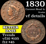 1830 Coronet Head Large Cent 1c Grades vf details