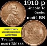 1910-p Lincoln Cent 1c Grades Choice Unc BN