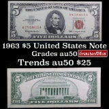 1963 $5 Red seal United States Note Grades AU, Almost Unc