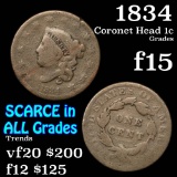 1834 Coronet Head Large Cent 1c Grades f+