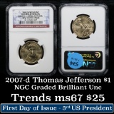 2007-d Jefferson Presidential Dollar $1 Graded Brilliant Unc (BU) by NGC