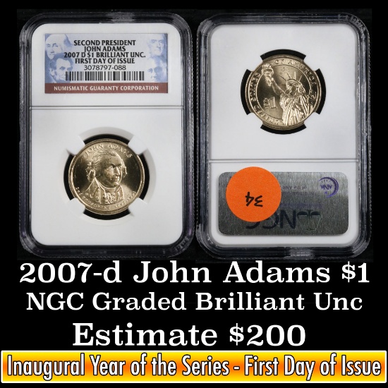 NGC 2007-d JOHN ADAMS Presidential Dollar $1 Graded ms60 by NGC