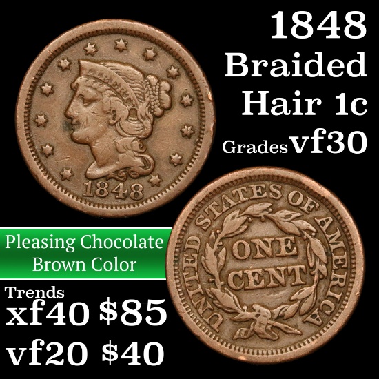 1848 Braided Hair Large Cent 1c Grades vf++